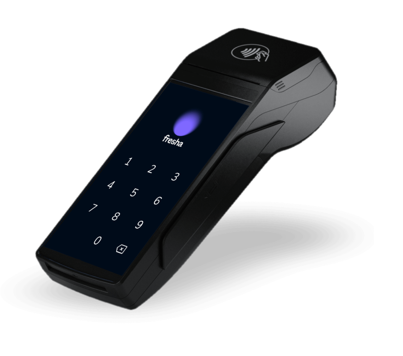Apple watch and Card terminal with golden visa card inserted and FRESHA logo on its screen