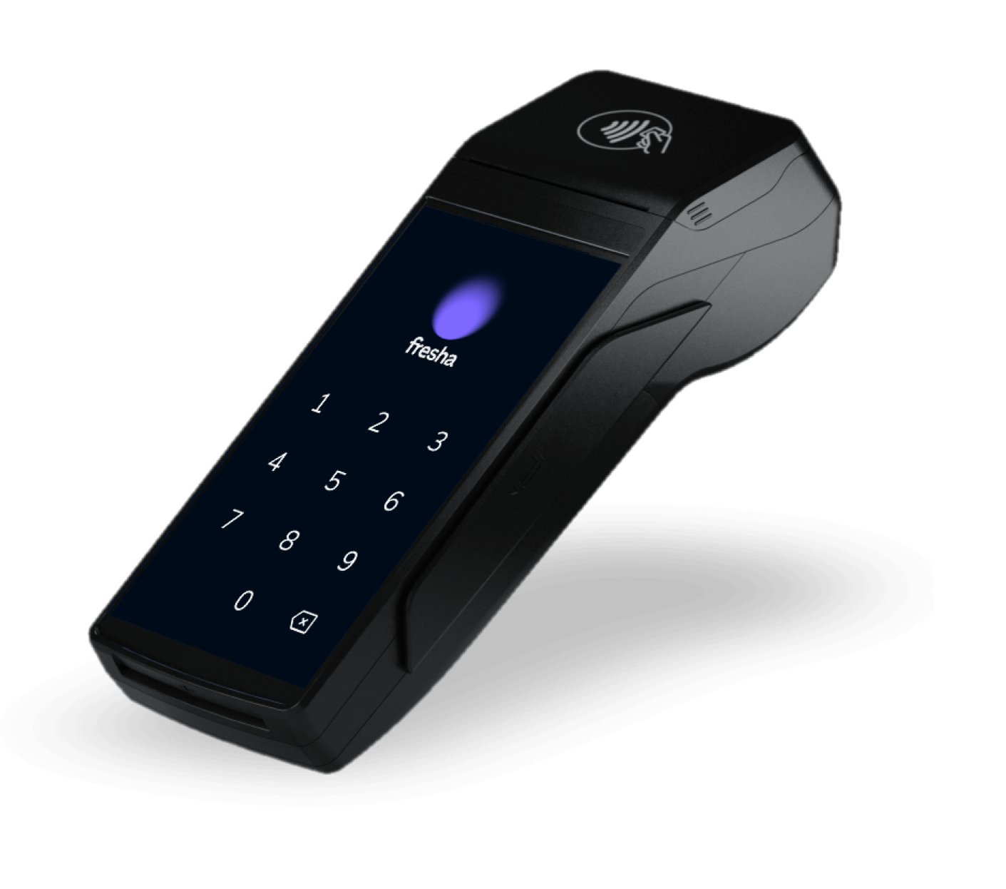 Apple Watch og kortterminal med et Visa Gold og FRESHAs logo på skjermen