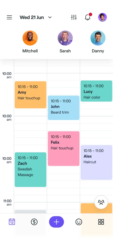 The calendar displaying bookings on the Fresha for business app